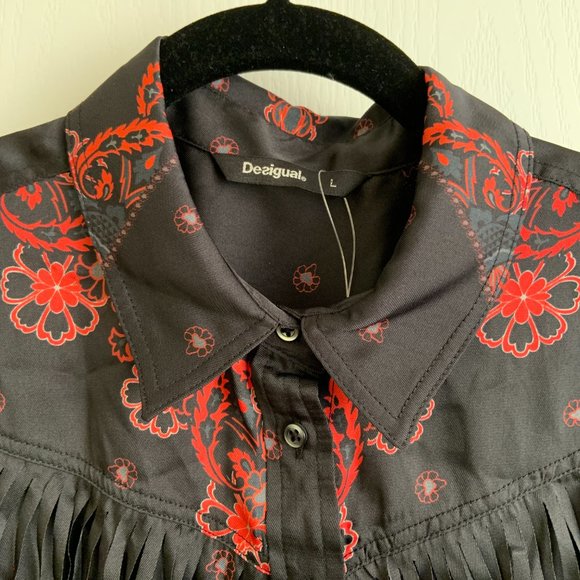 Women's Desigual Western Satin Paisley Long Sleeve Shirt Blouse Fringe Size L - Picture 5 of 14